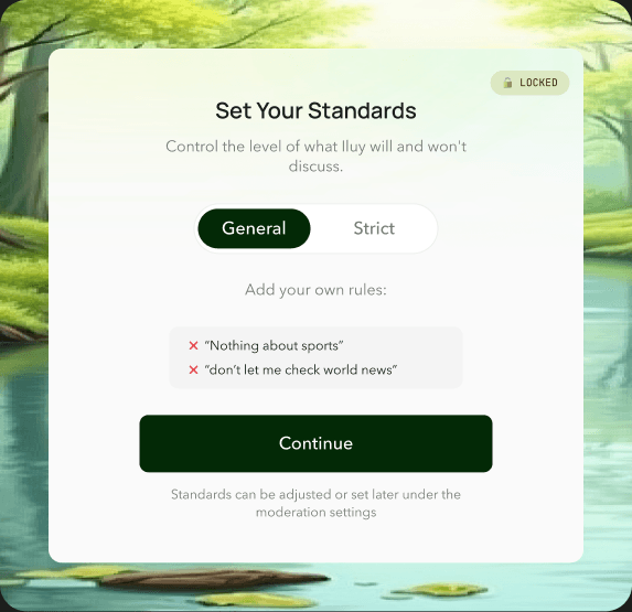 Set Your Standards modal over a nature scene, showing General / Strict moderation tabs with the General tab active and custom plain-language rules